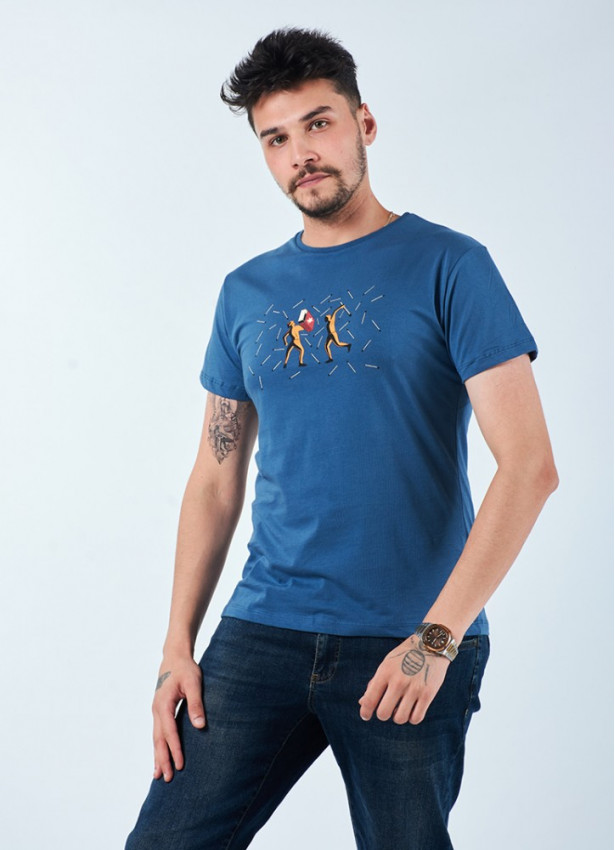 Kibrit Baskılı Kısa Kollu Erkek Mavi T-Shirt